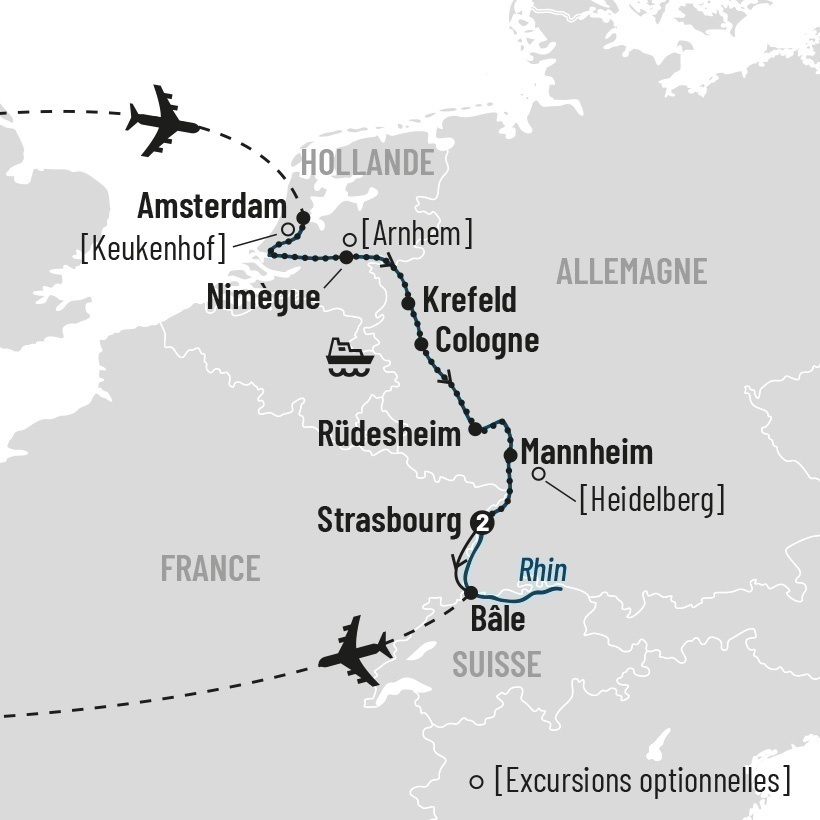 Croisière sur le Rhin de la Hollande à l'Allemagne map