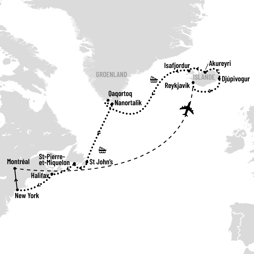 Islande, Groenland et Canada en croisière map