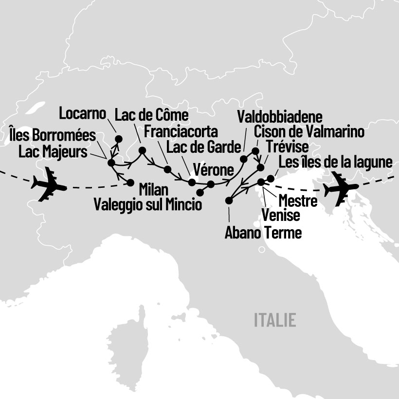 Italie du Nord De Milan à Venise à travers les lacs Majeur, de Côme, de Garde et les Dolomites map